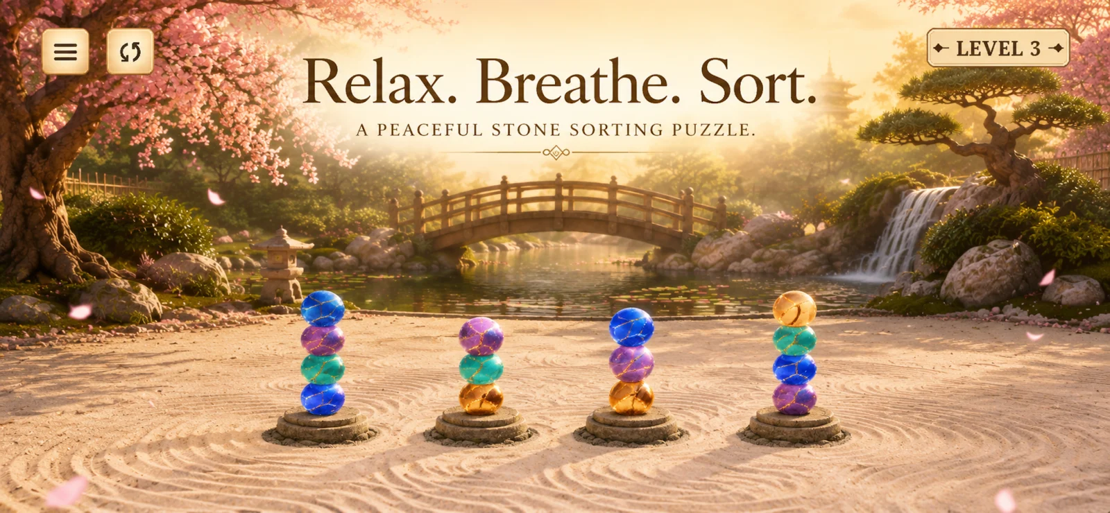 Stone Zen puzzle board in a sunlit cherry-blossom garden